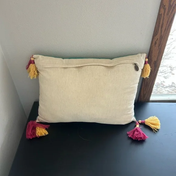Pier 1 Boho Embroidered Teal and Pink Floral Pillow with Tassels - Picture 5 of 7